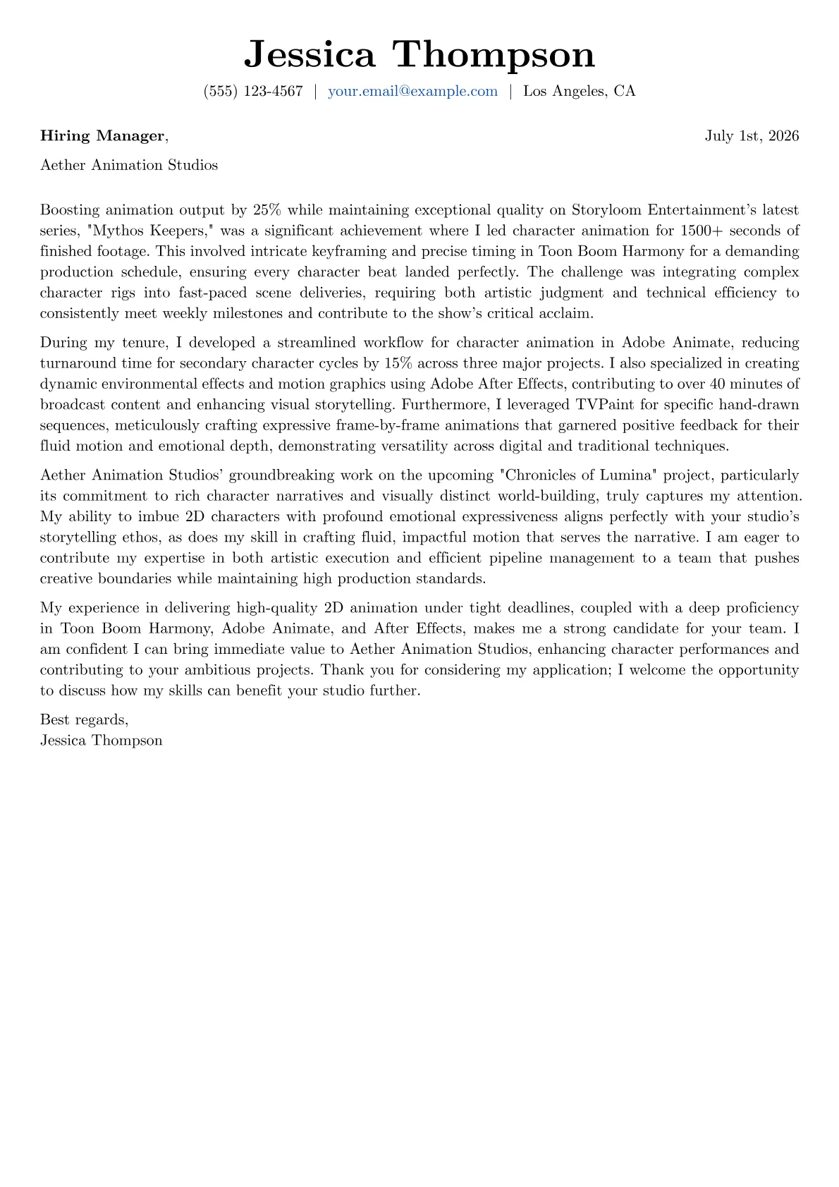 2D Animator cover letter formatted with a JobSprout template