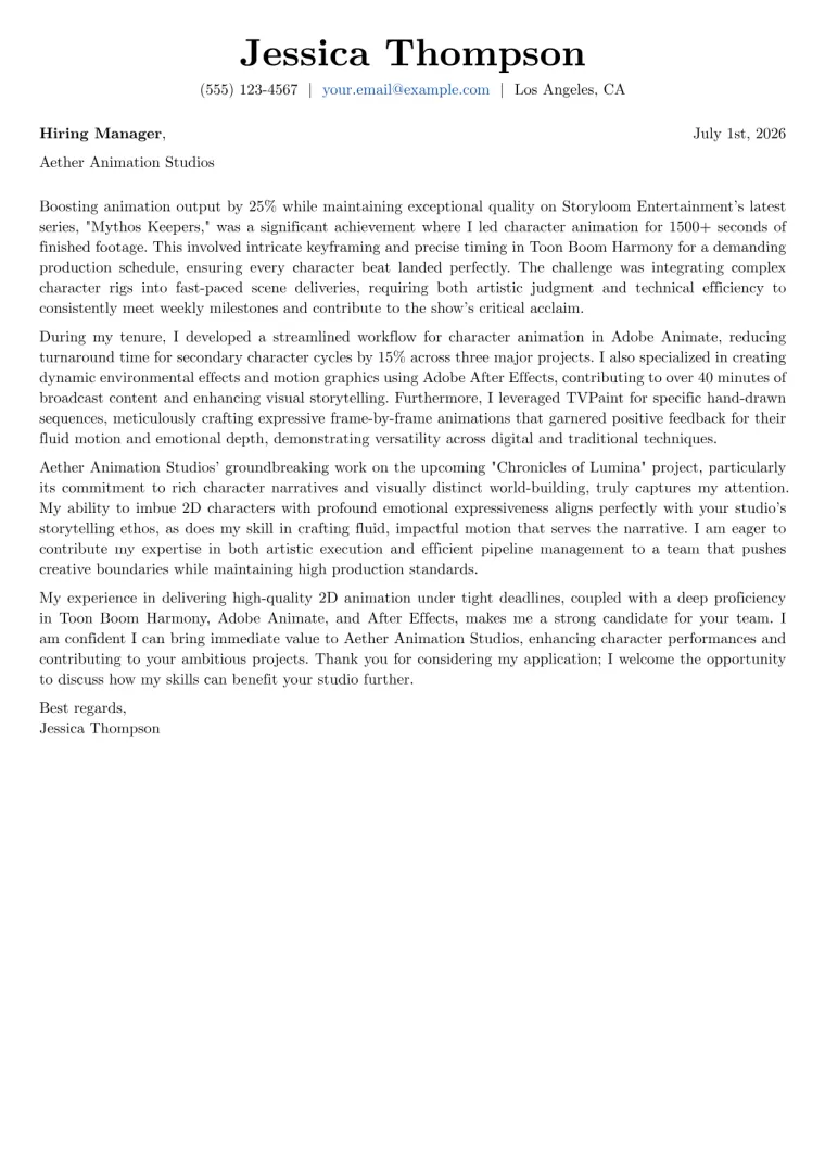 2D Animator cover letter example