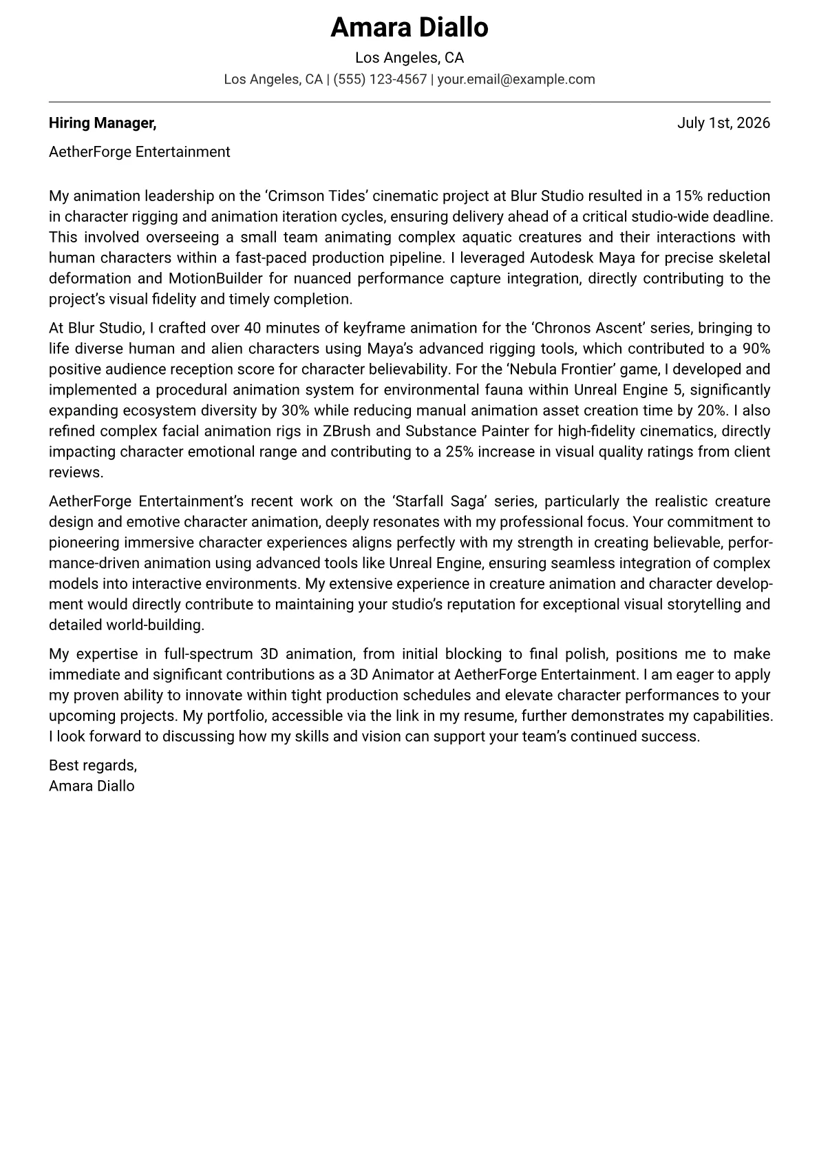 3D Animator cover letter formatted with a JobSprout template