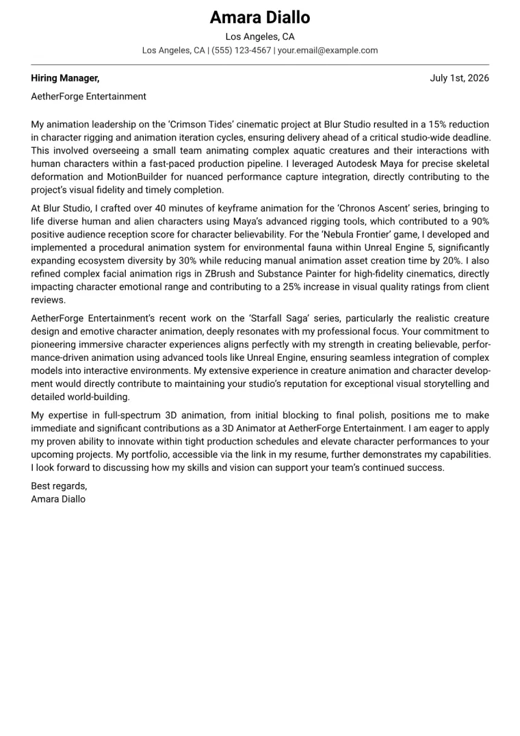 3D Animator cover letter example