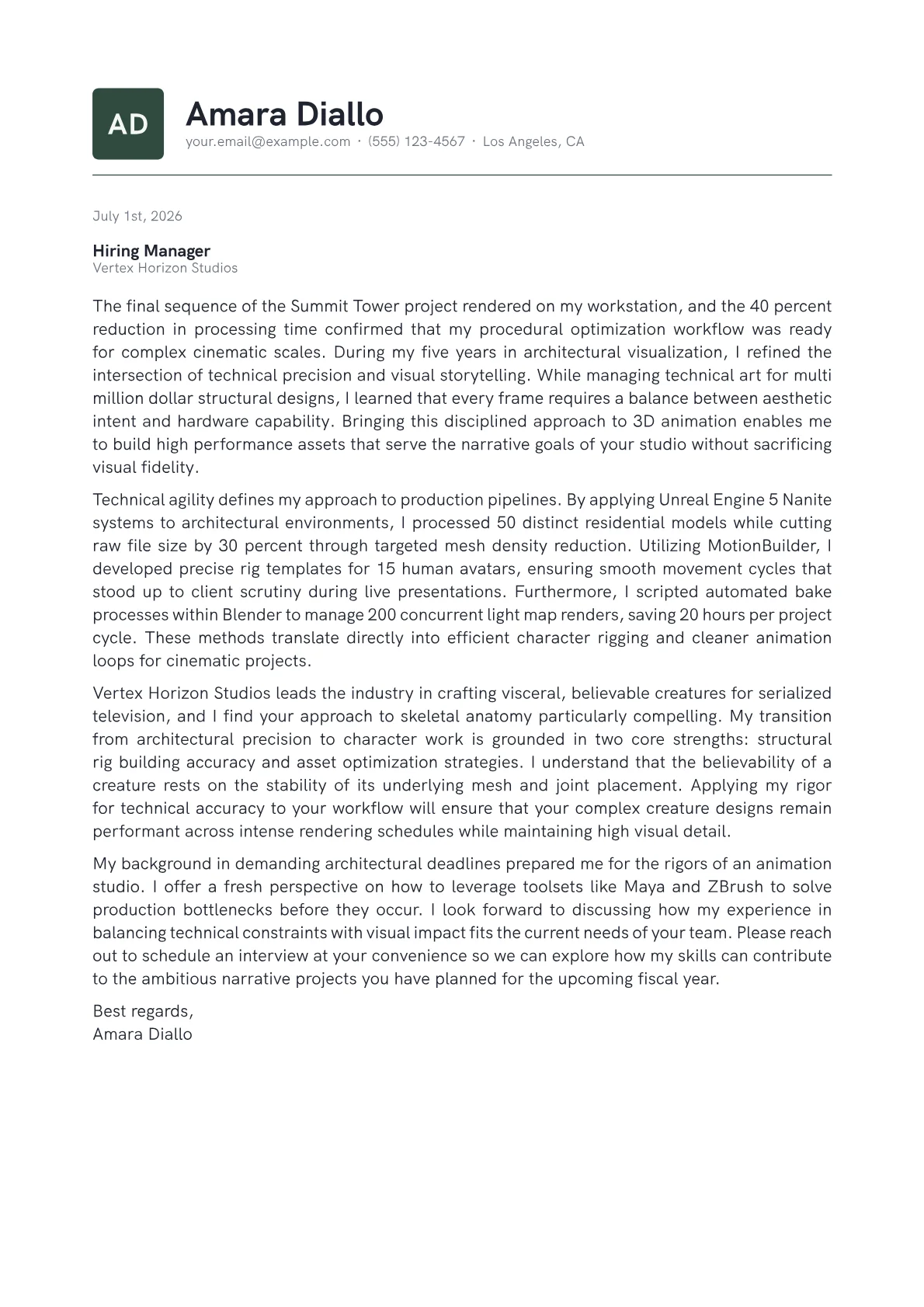 3D Animator cover letter in the Emblem design