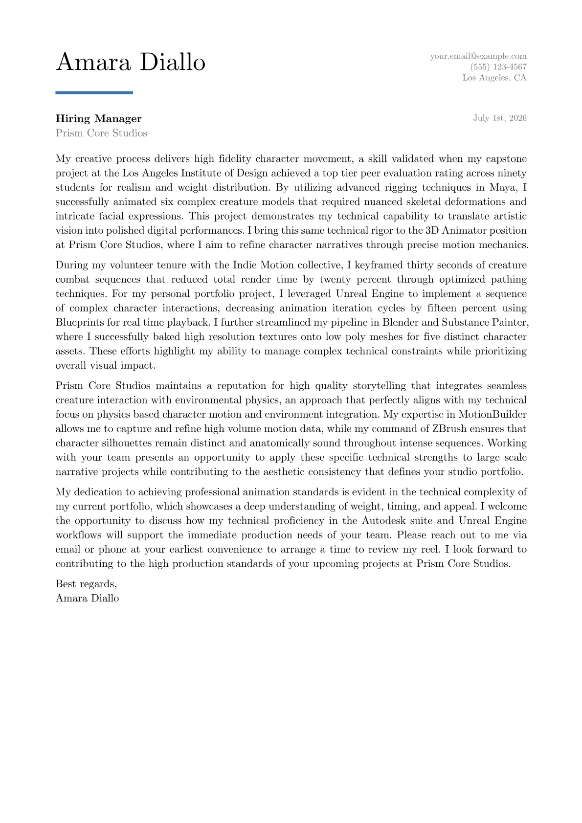 3D Animator cover letter in the Executive design