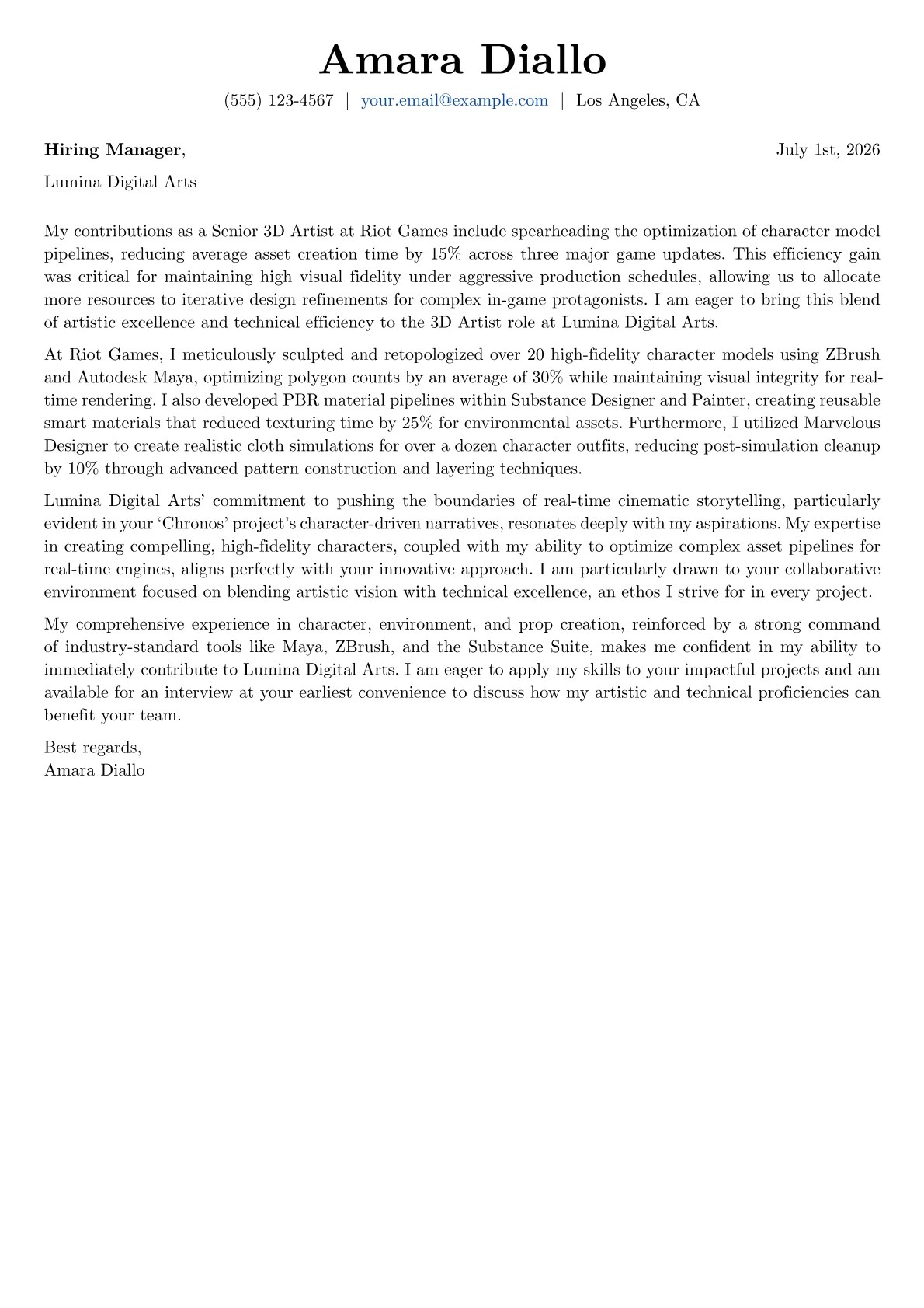3D Artist cover letter formatted with a JobSprout template