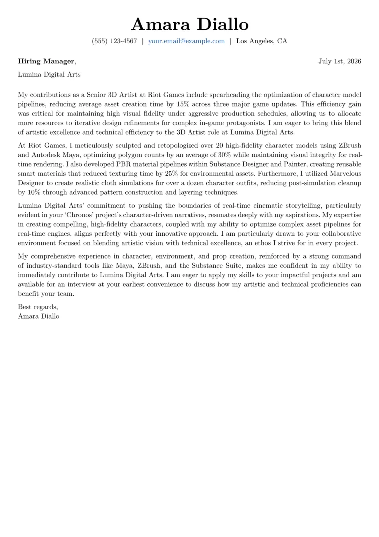 3D Artist Cover Letter Example