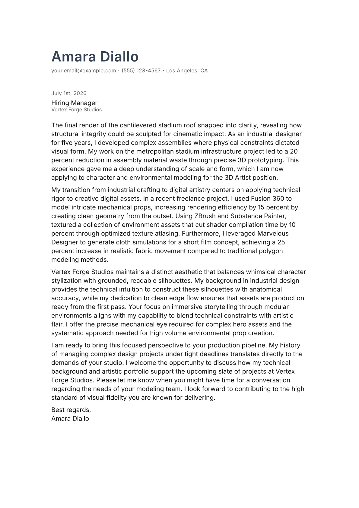 3D Artist cover letter in the Minimal design