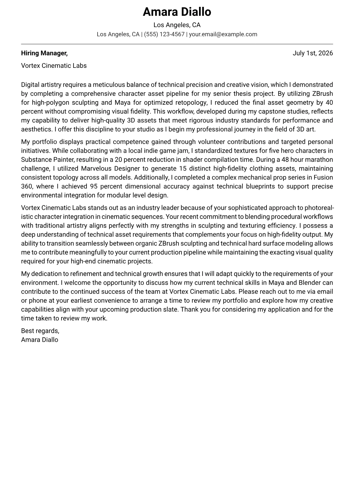 3D Artist cover letter in the Modern design