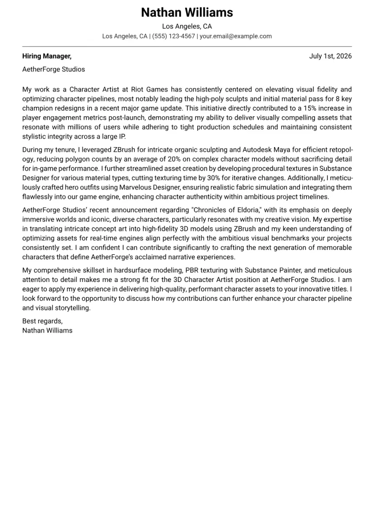 3D Character Artist Cover Letter Example