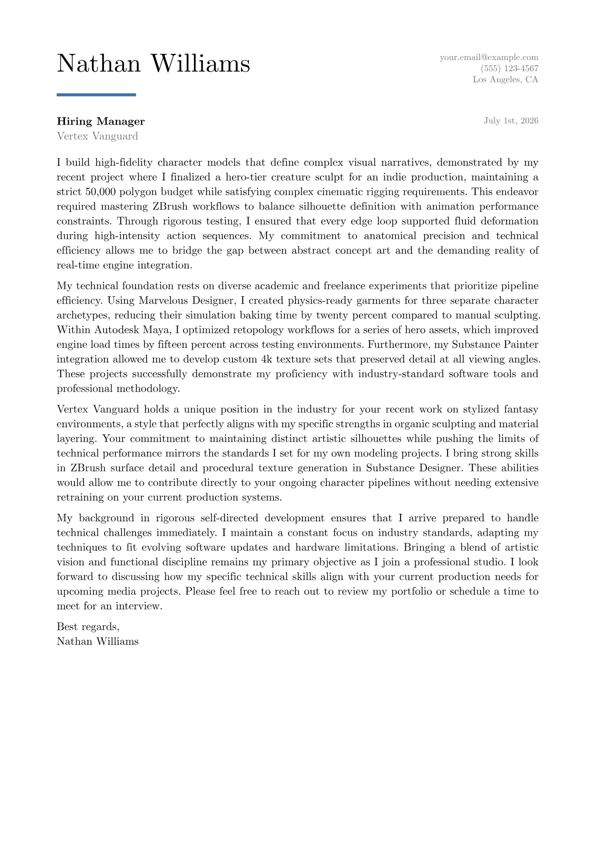 3D Character Artist cover letter in the Executive design