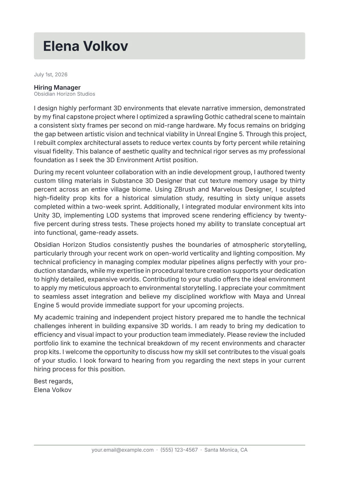 3D Environment Artist cover letter in the Letterhead design