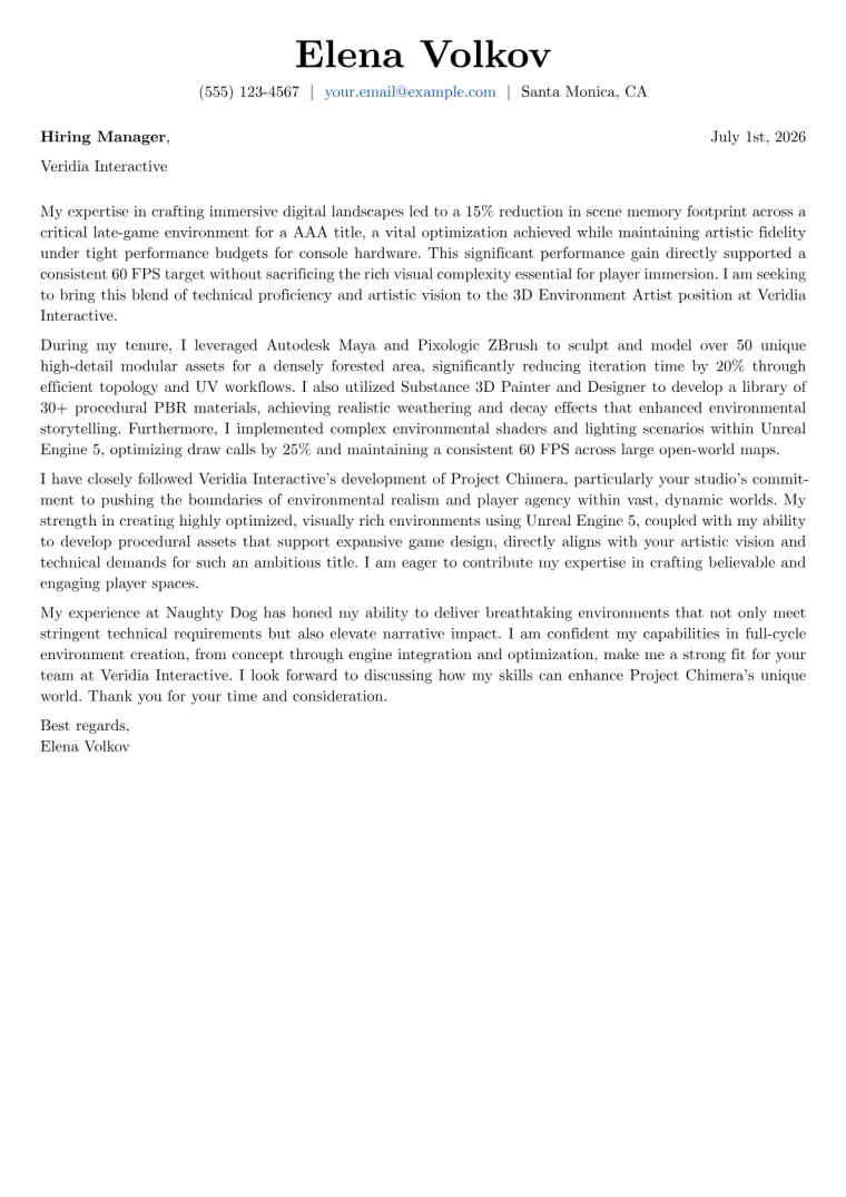 3D Environment Artist cover letter example