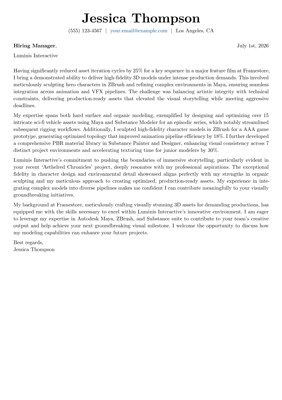 3D Modeler cover letter formatted with a JobSprout template
