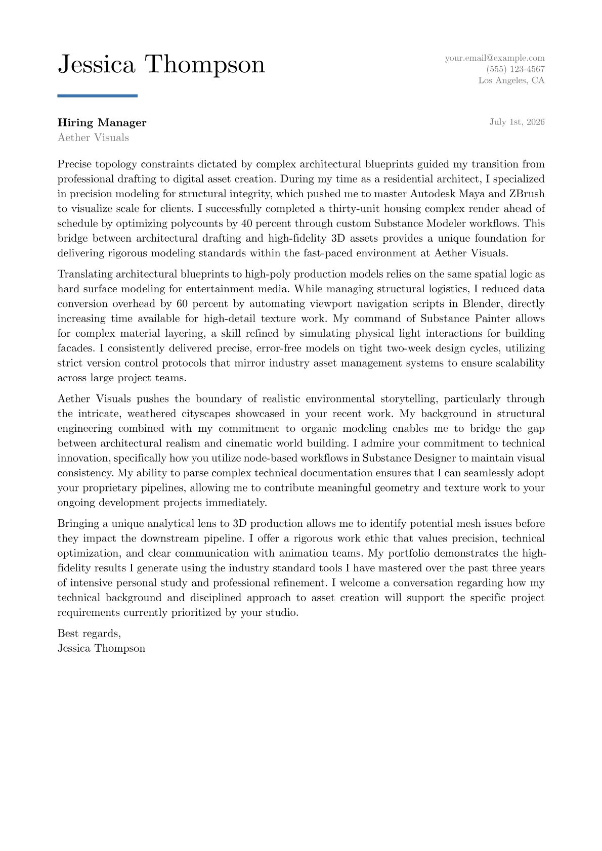 3D Modeler cover letter in the Executive design