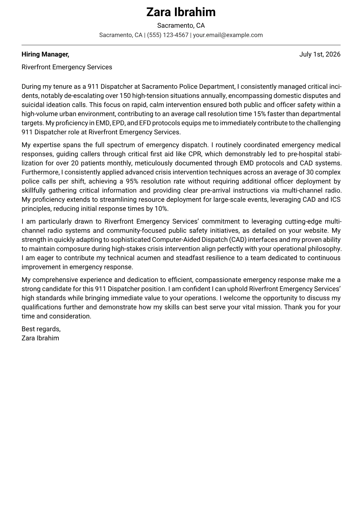 911 Dispatcher cover letter formatted with a JobSprout template