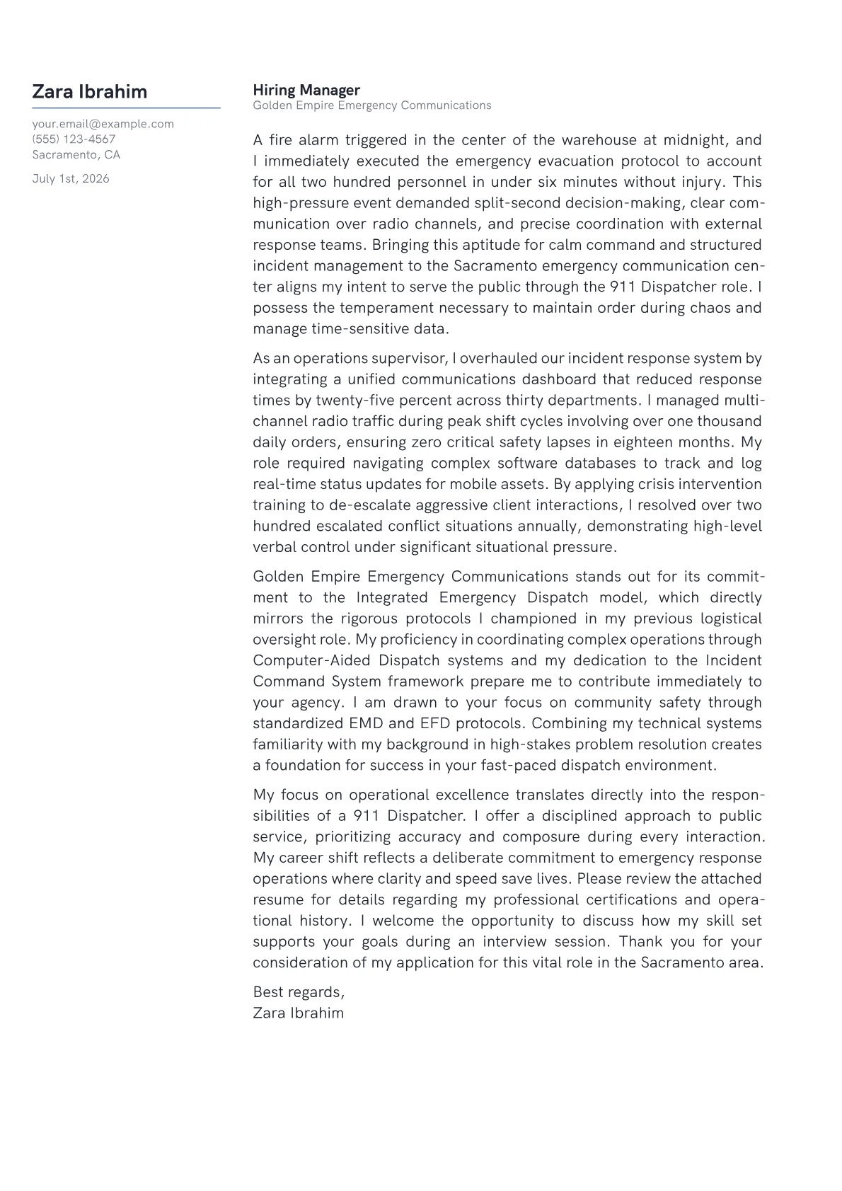 911 Dispatcher cover letter in the Margin design