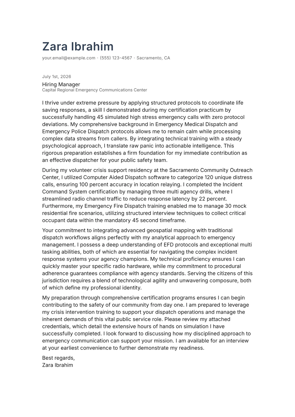 911 Dispatcher cover letter in the Minimal design