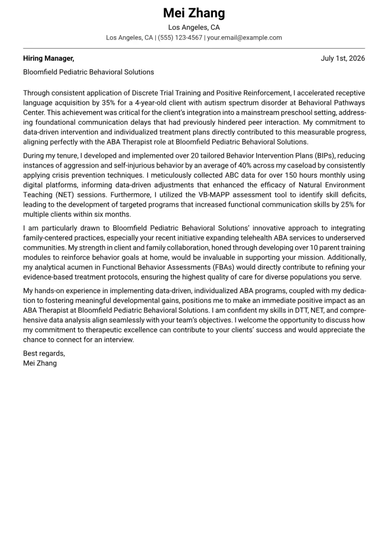 ABA Therapist cover letter example