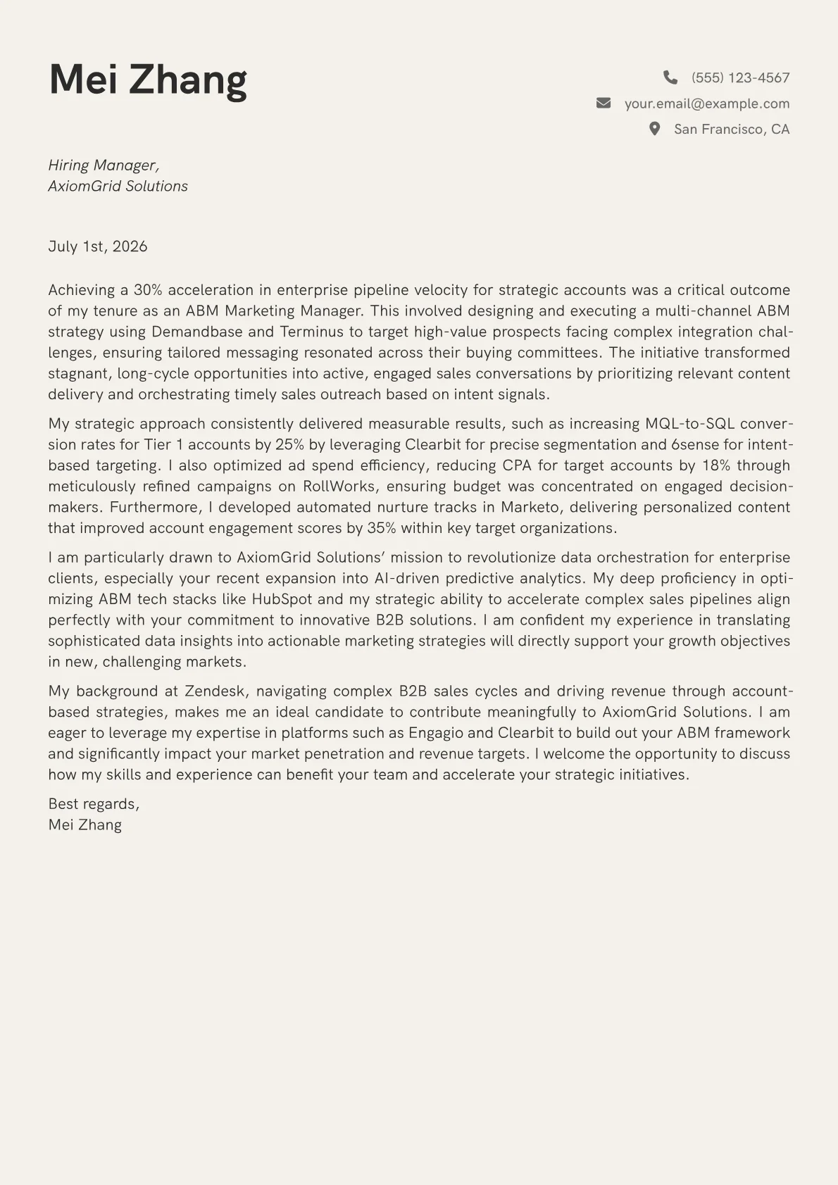 ABM Marketing Manager cover letter formatted with a JobSprout template