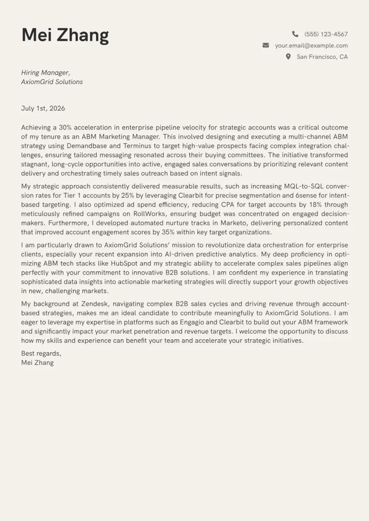 ABM Marketing Manager cover letter example preview