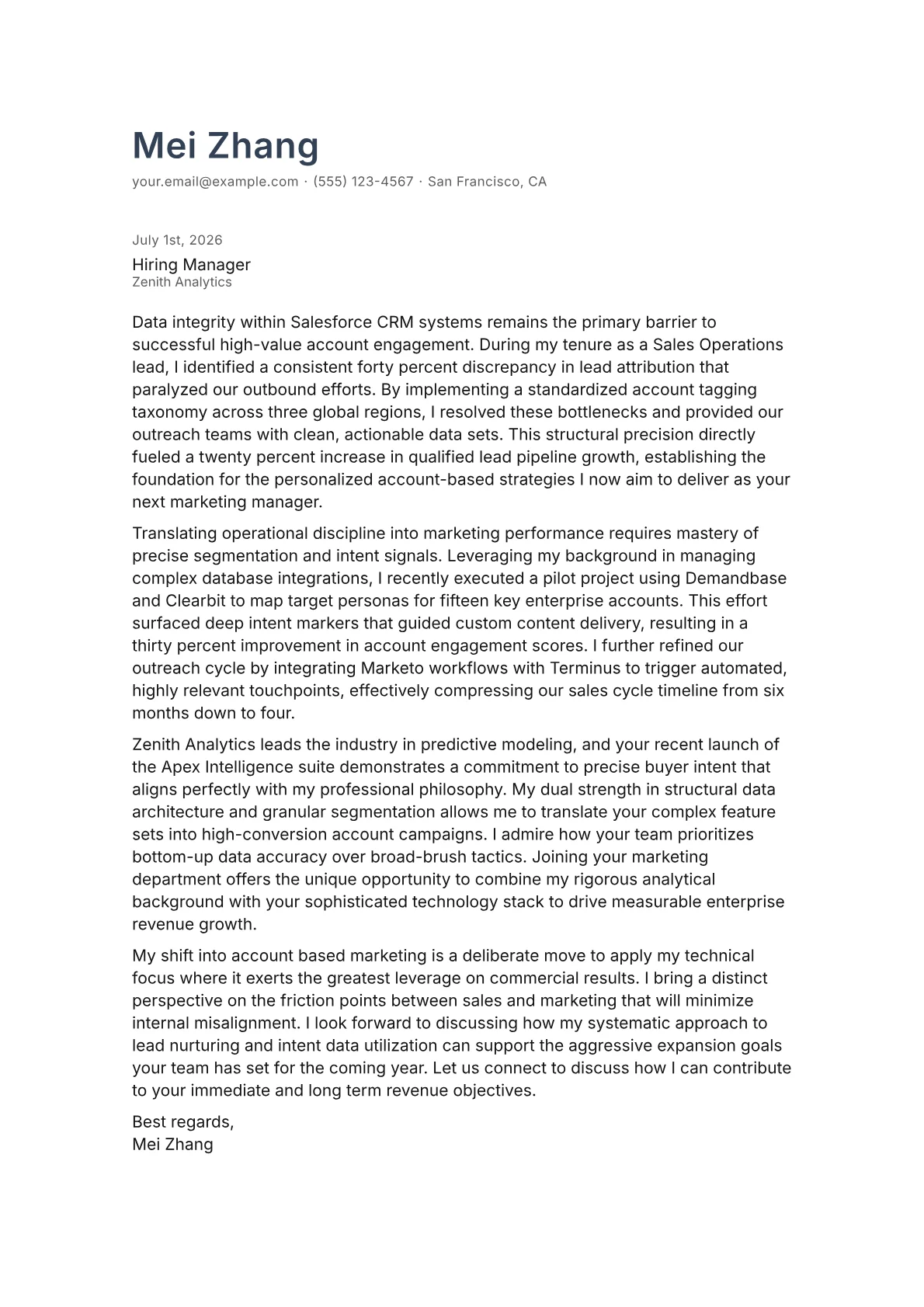 ABM Marketing Manager cover letter in the Minimal design