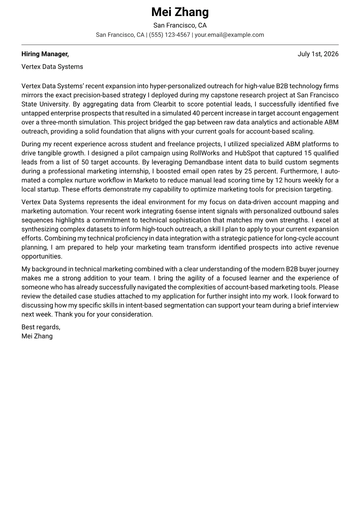 ABM Marketing Manager cover letter in the Modern design