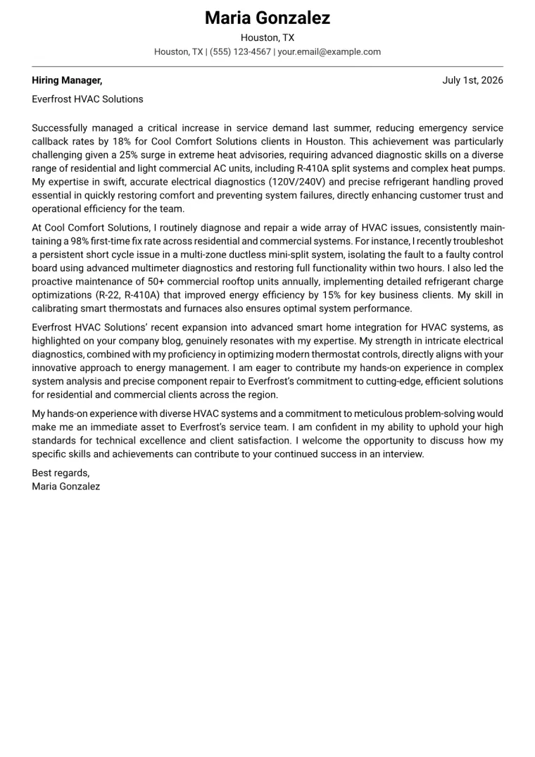 AC Repair Technician cover letter example preview