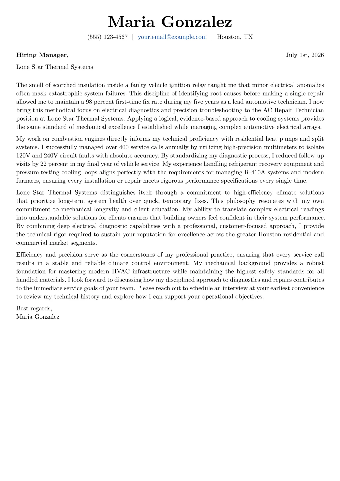 AC Repair Technician cover letter in the Basic design