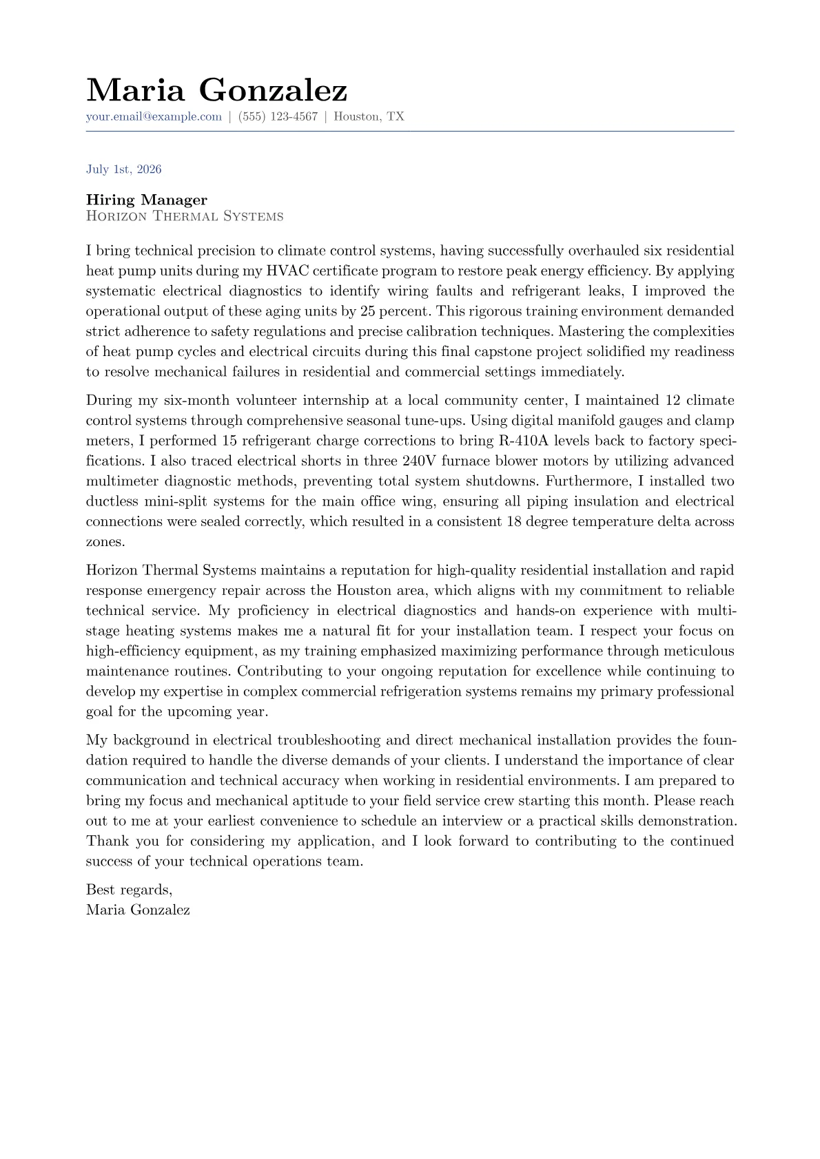 AC Repair Technician cover letter in the Classic design