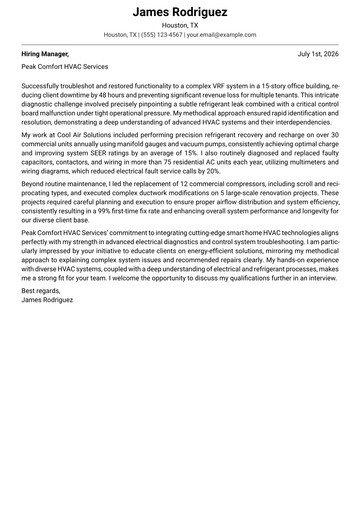 AC Technician cover letter formatted with a JobSprout template