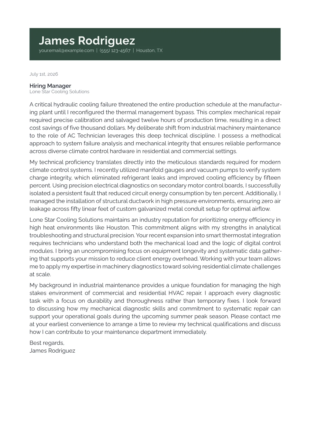 AC Technician cover letter in the Banner design