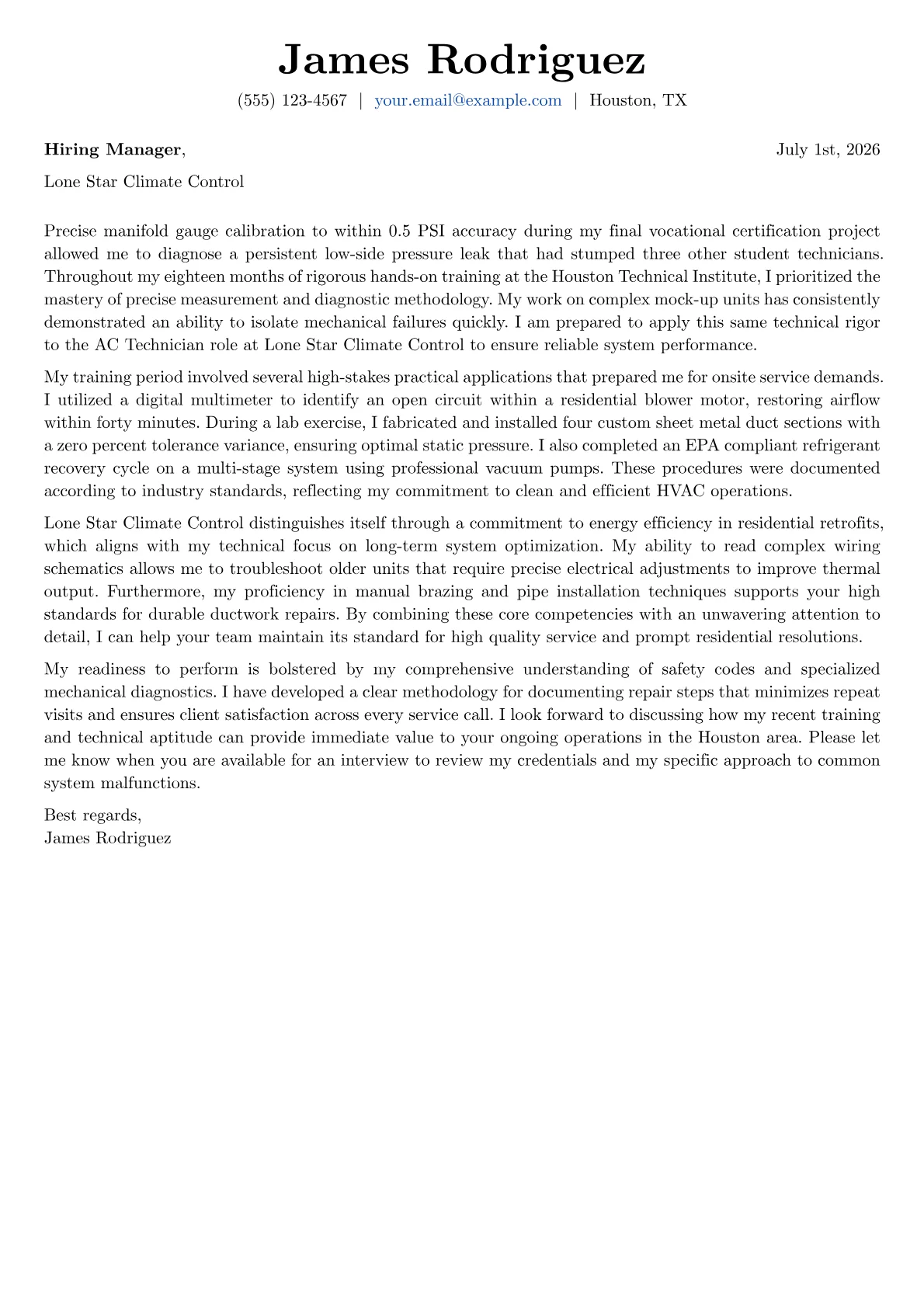 AC Technician cover letter in the Basic design