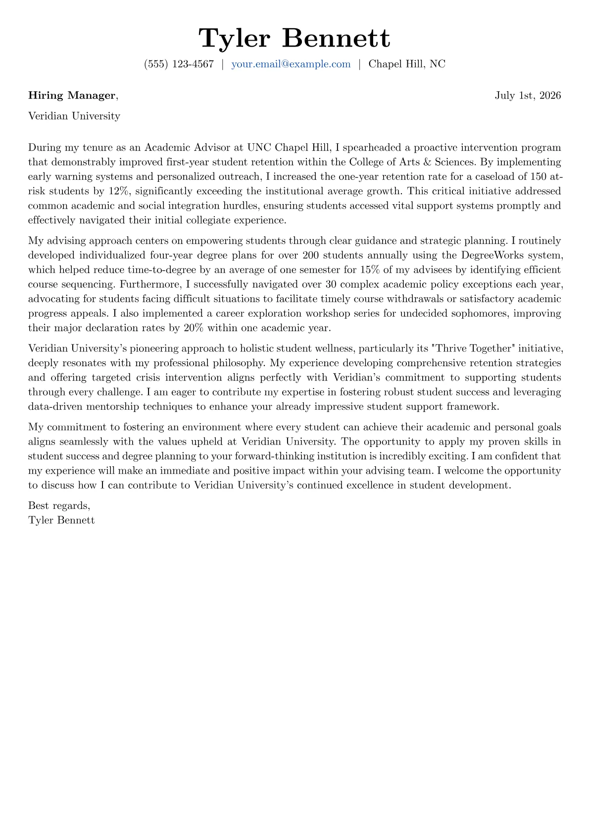 Academic Advisor cover letter formatted with a JobSprout template