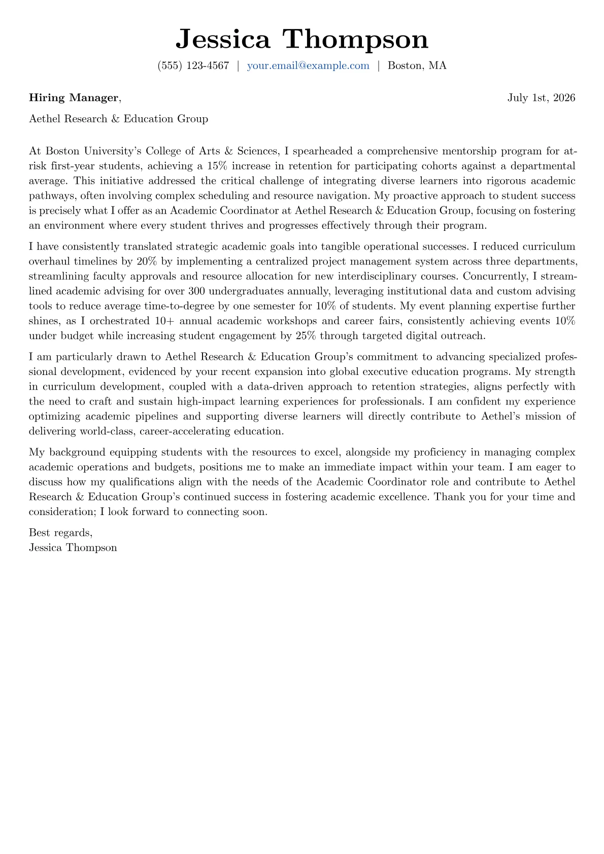 Academic Coordinator cover letter formatted with a JobSprout template