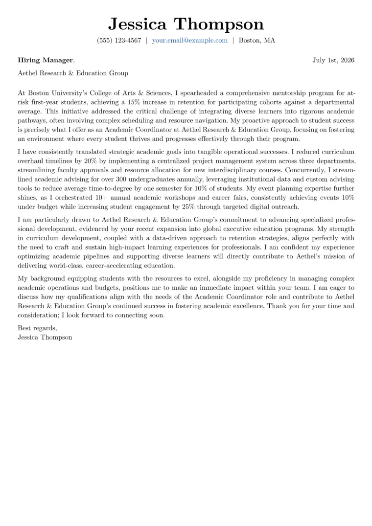 Academic Coordinator Cover Letter Example