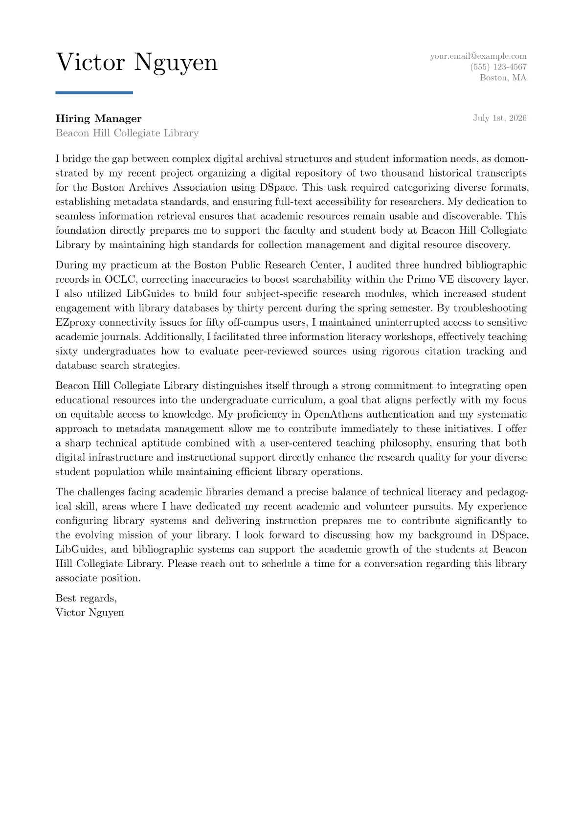 Academic Librarian cover letter in the Executive design