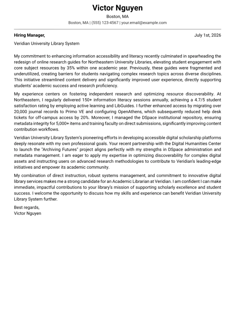 Academic Librarian cover letter example
