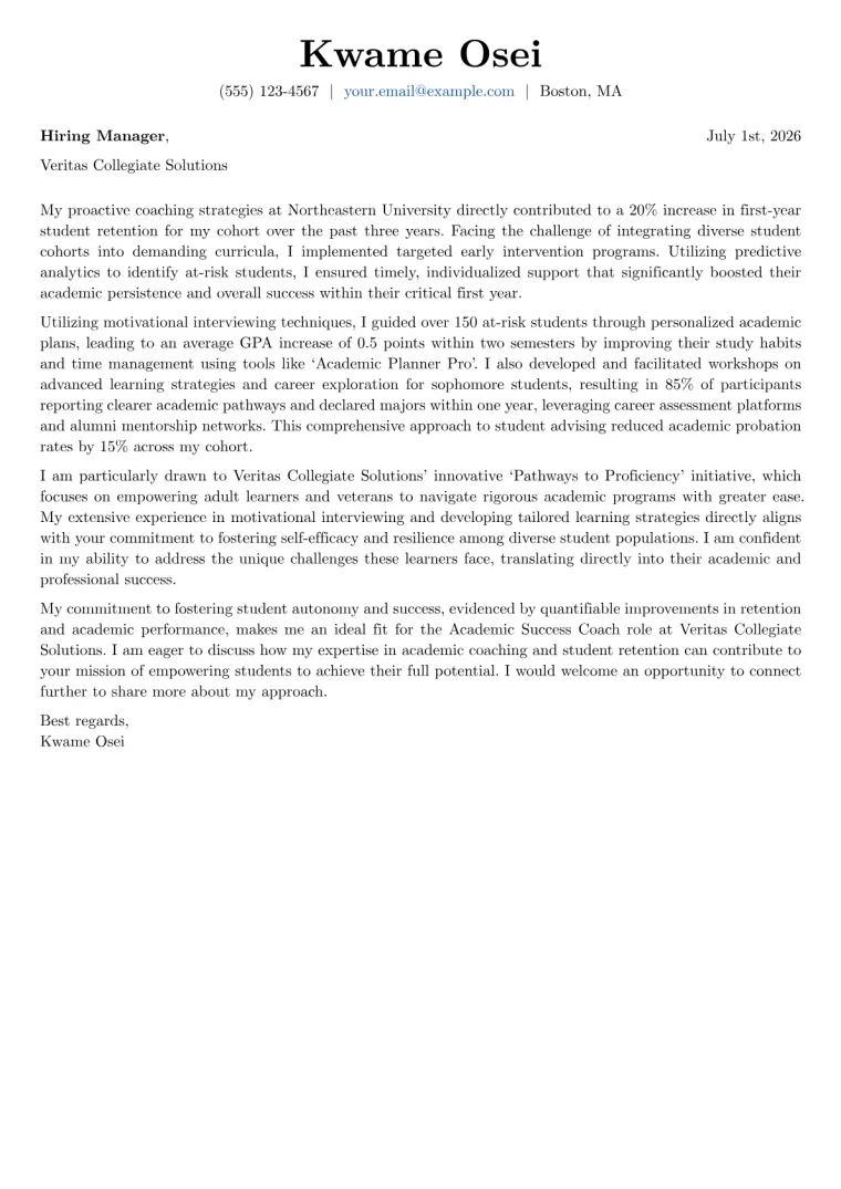 Academic Success Coach cover letter example