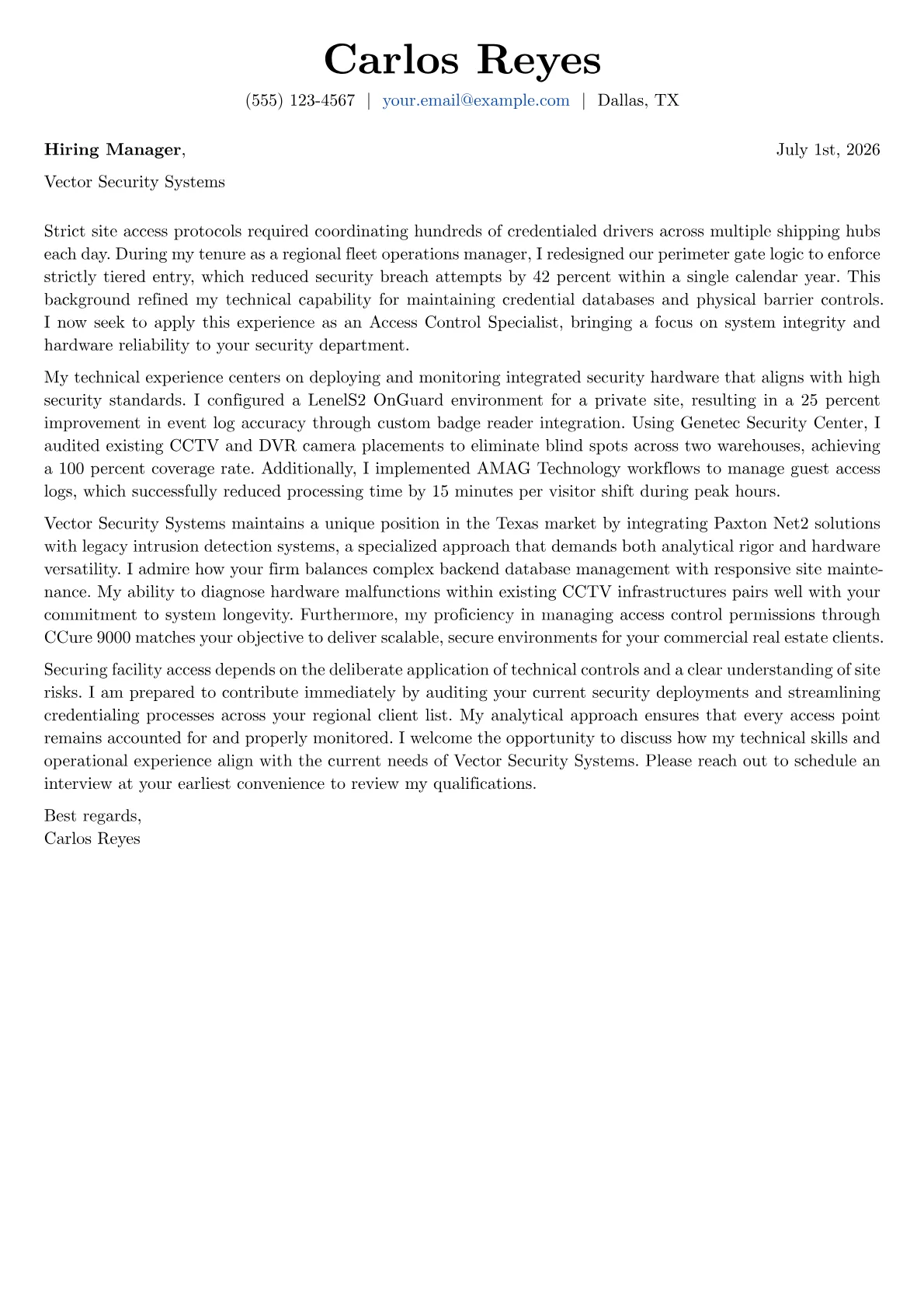 Access Control Specialist cover letter in the Basic design