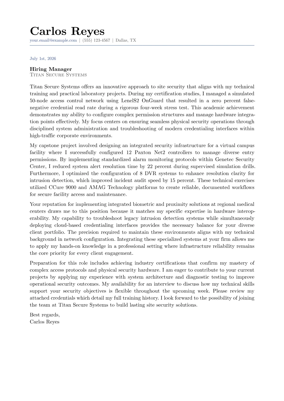 Access Control Specialist cover letter in the Classic design