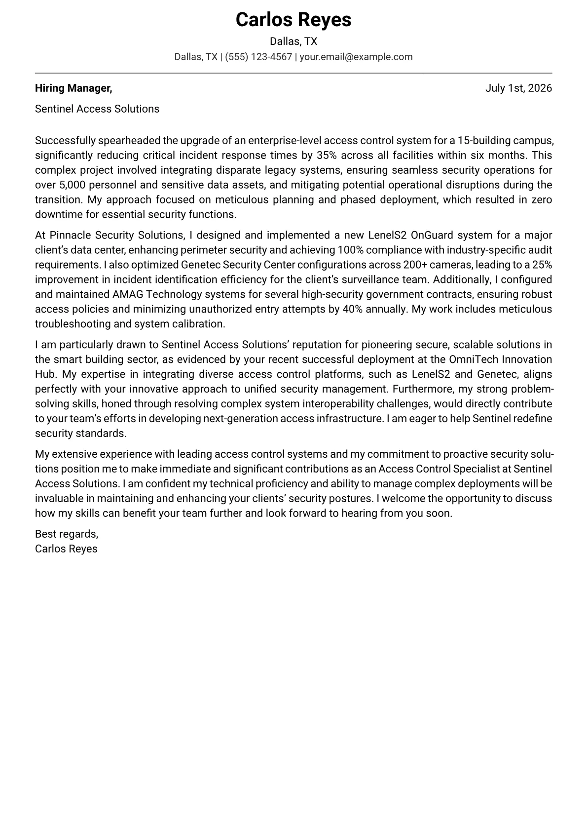 Access Control Specialist cover letter formatted with a JobSprout template