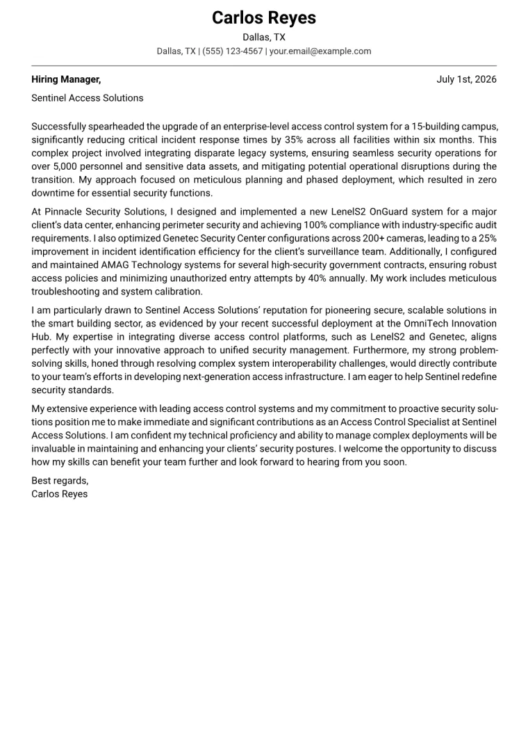 Access Control Specialist cover letter example preview