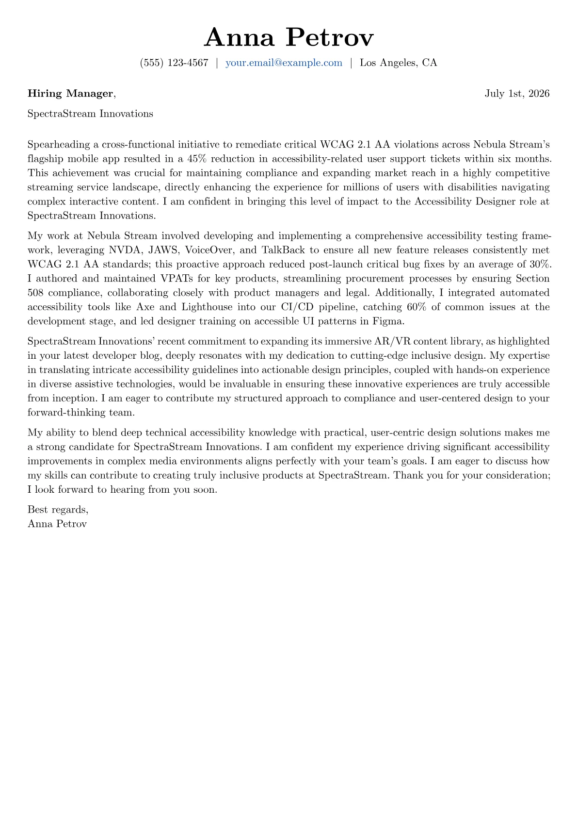 Accessibility Designer cover letter formatted with a JobSprout template