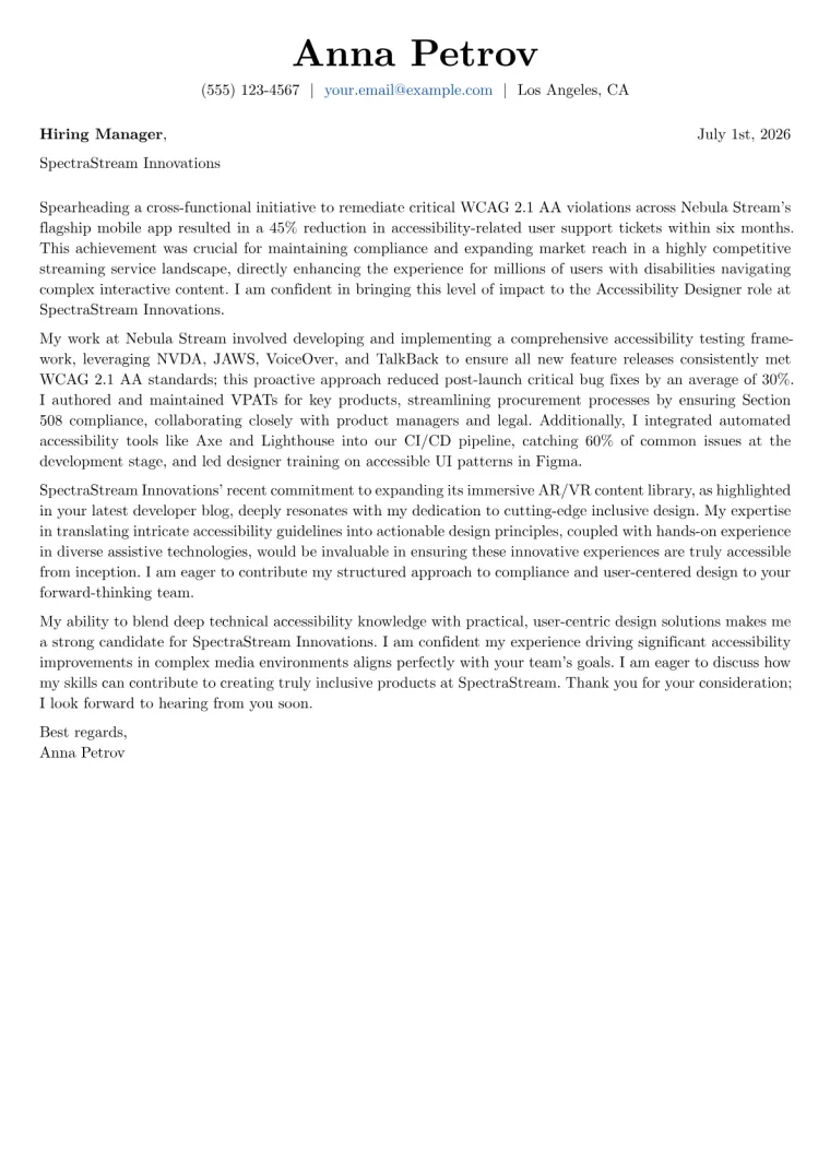 Accessibility Designer cover letter example preview