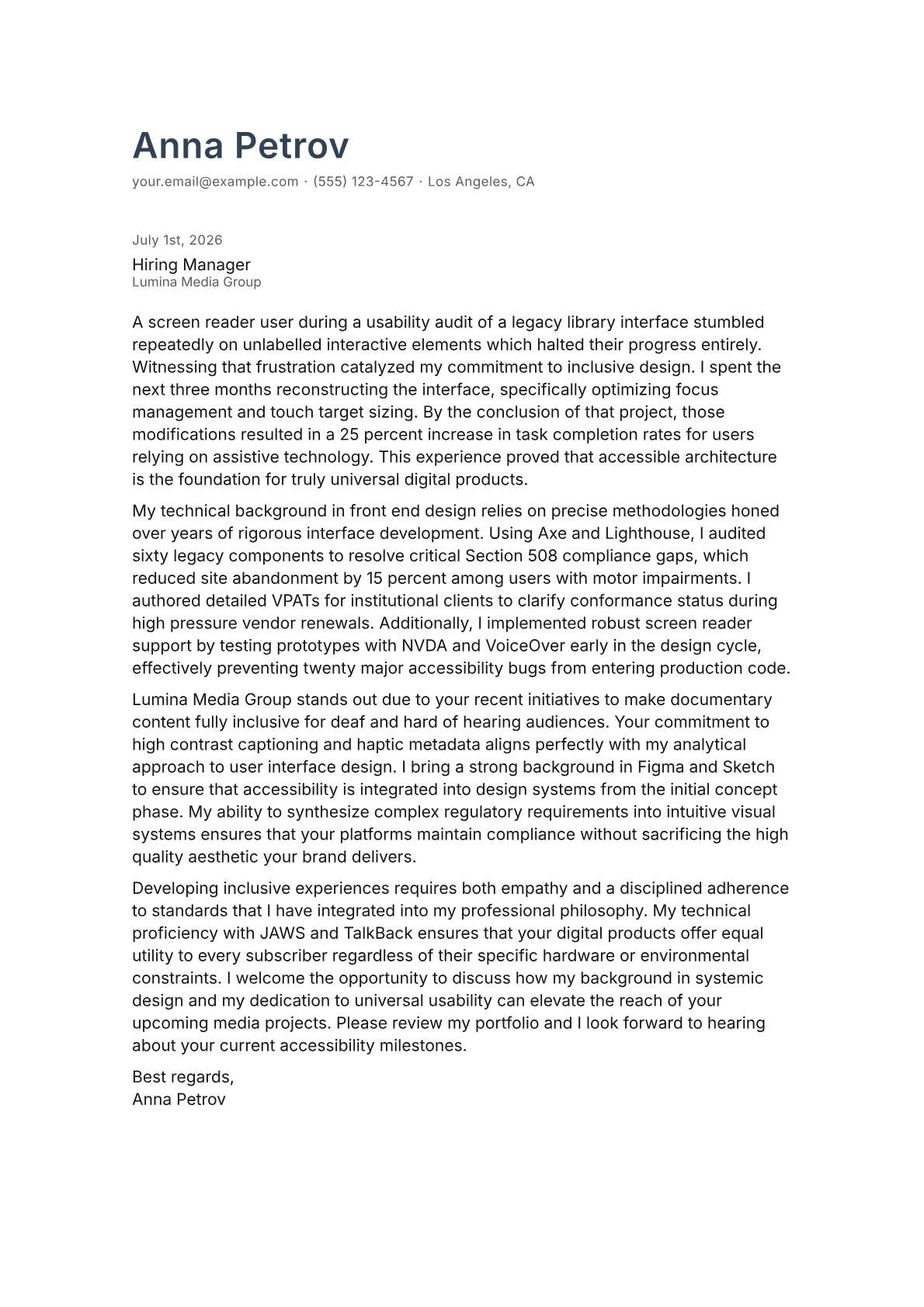 Accessibility Designer cover letter in the Minimal design