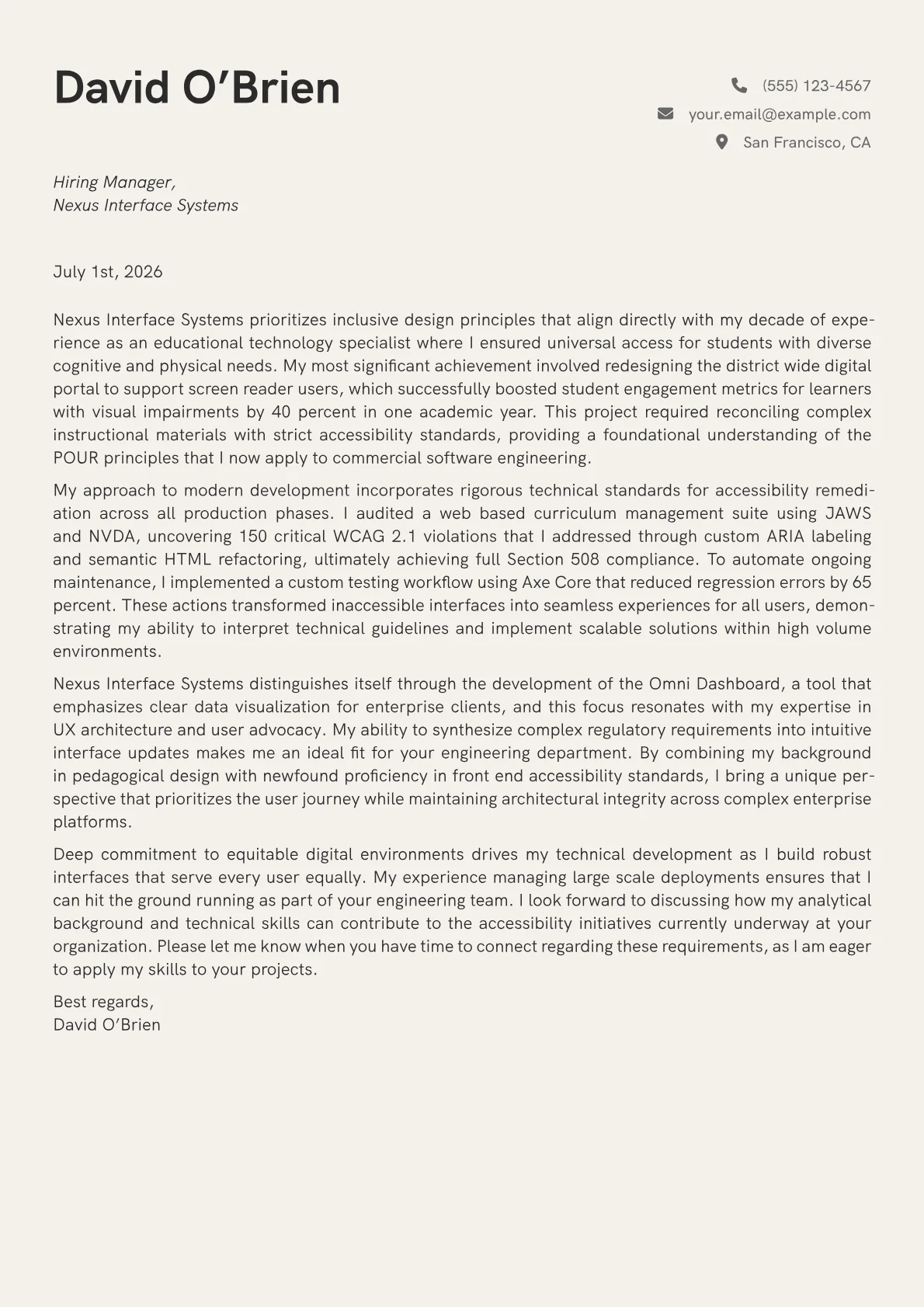 Accessibility Engineer cover letter in the Creative design