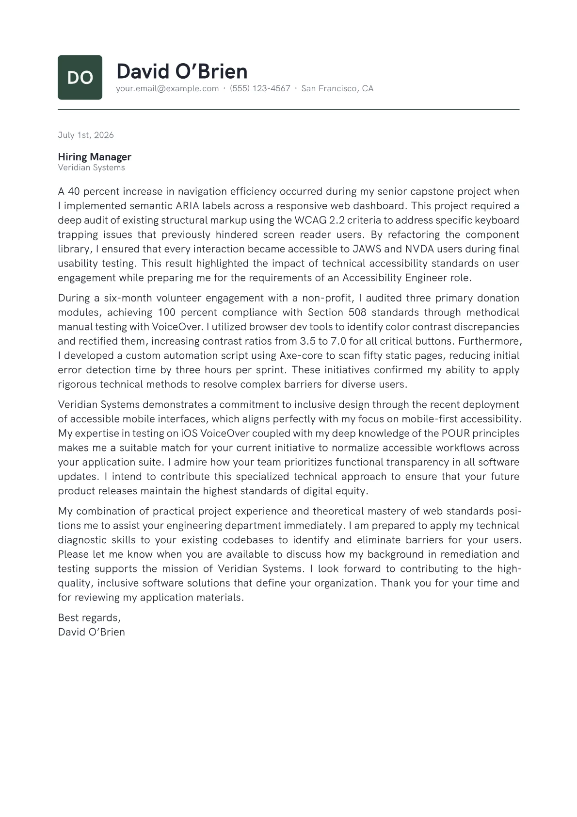 Accessibility Engineer cover letter in the Emblem design