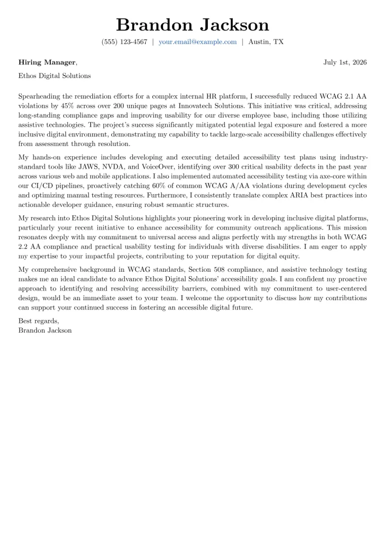 Accessibility Tester cover letter example preview
