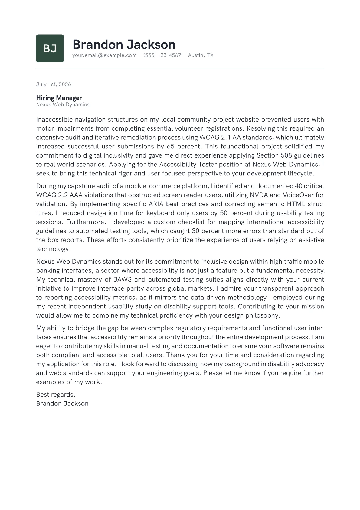 Accessibility Tester cover letter in the Emblem design