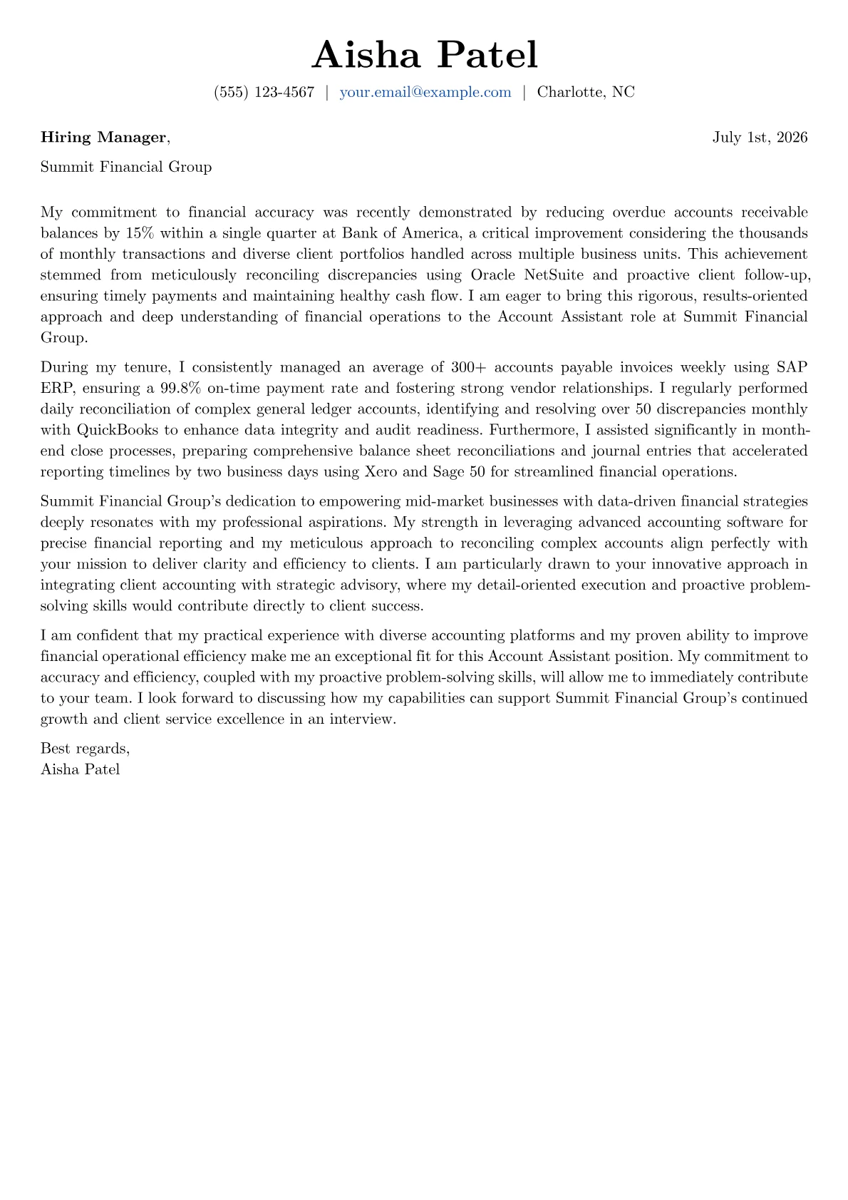 Account Assistant cover letter formatted with a JobSprout template