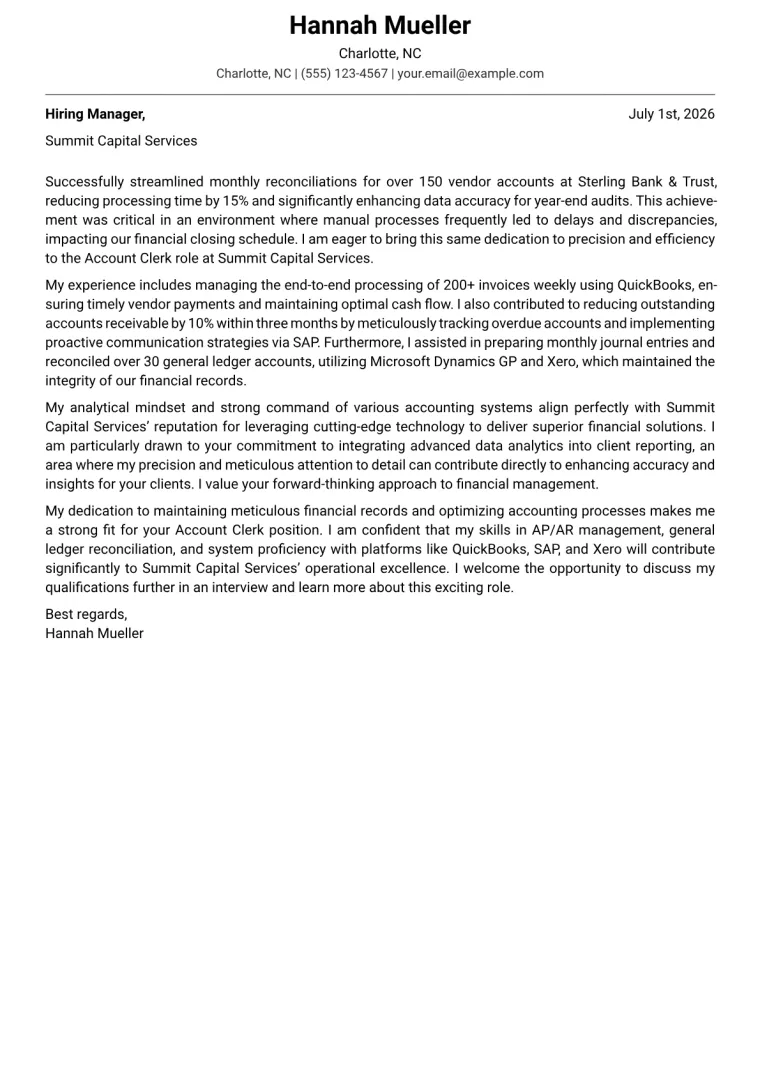 Account Clerk cover letter example preview