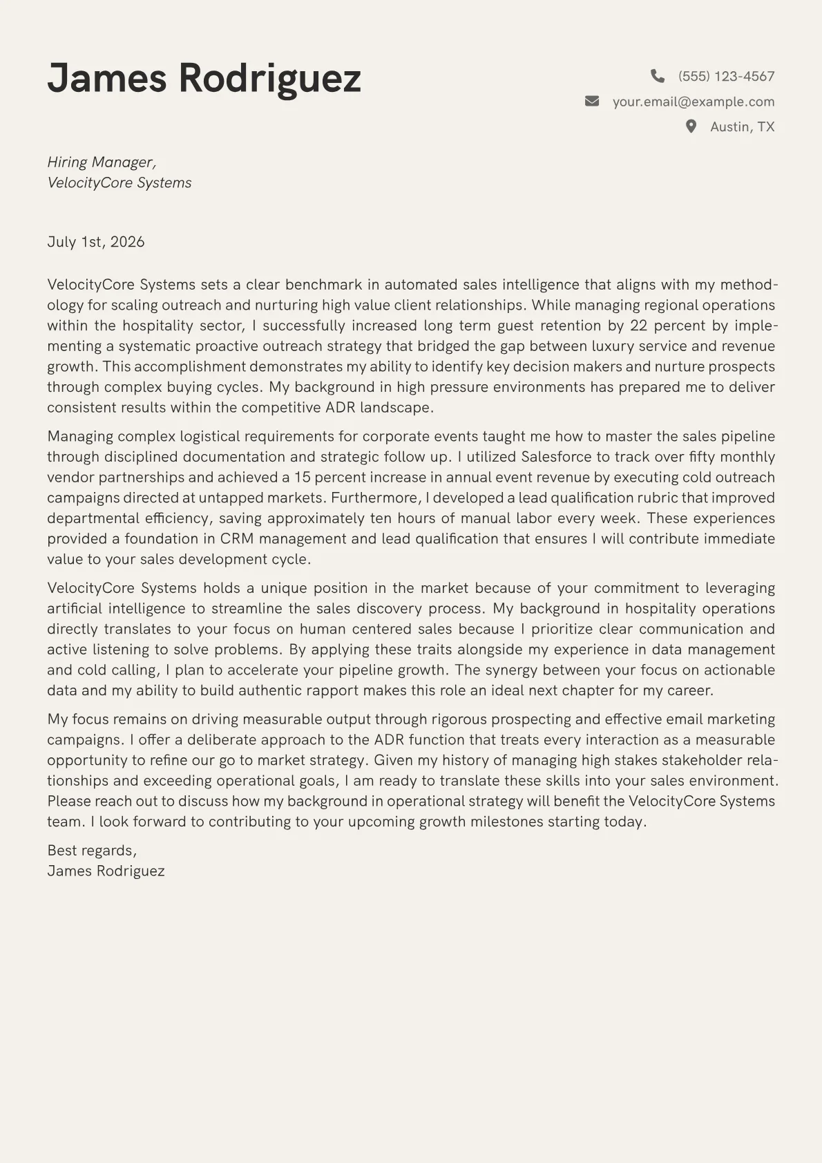 Account Development Representative cover letter in the Creative design